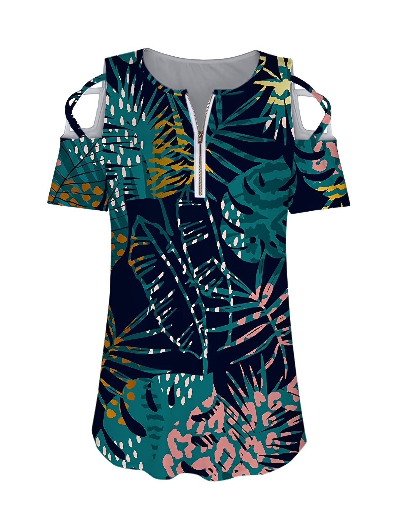 Tropical Print Short Sleeve Shirt; Zip Up Cold Shoulder Casual Top For Spring & Summer