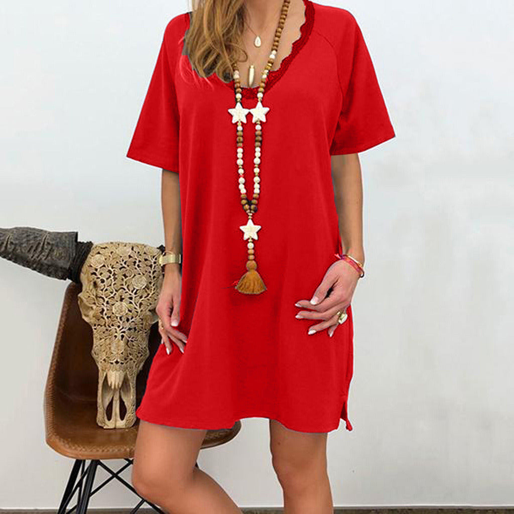 New Women's Lace Side V-neck Solid Color Casual Loose Dress