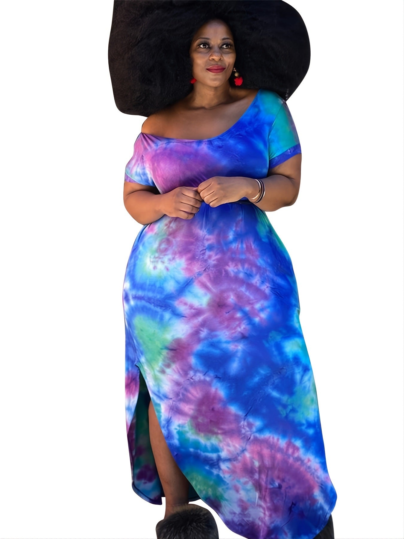 Plus Size Tie Dye Round Neck Loose Fit Maxi Dress; Women's Plus High Stretch Elegant Long Dress