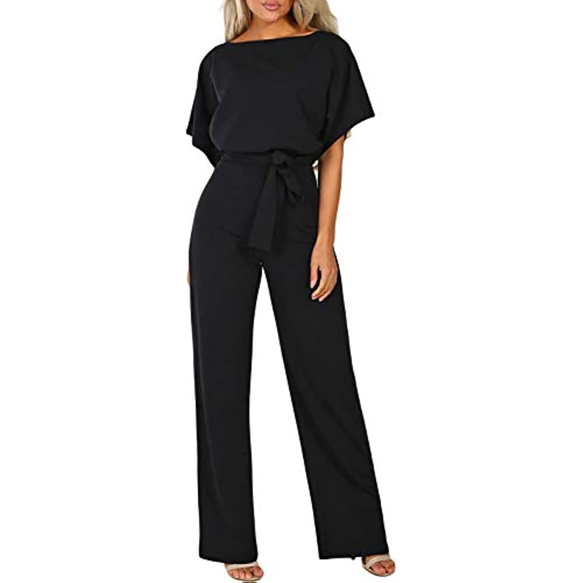 Women Casual Loose Short Sleeve Belted Wide Leg Pant Romper Jumpsuits