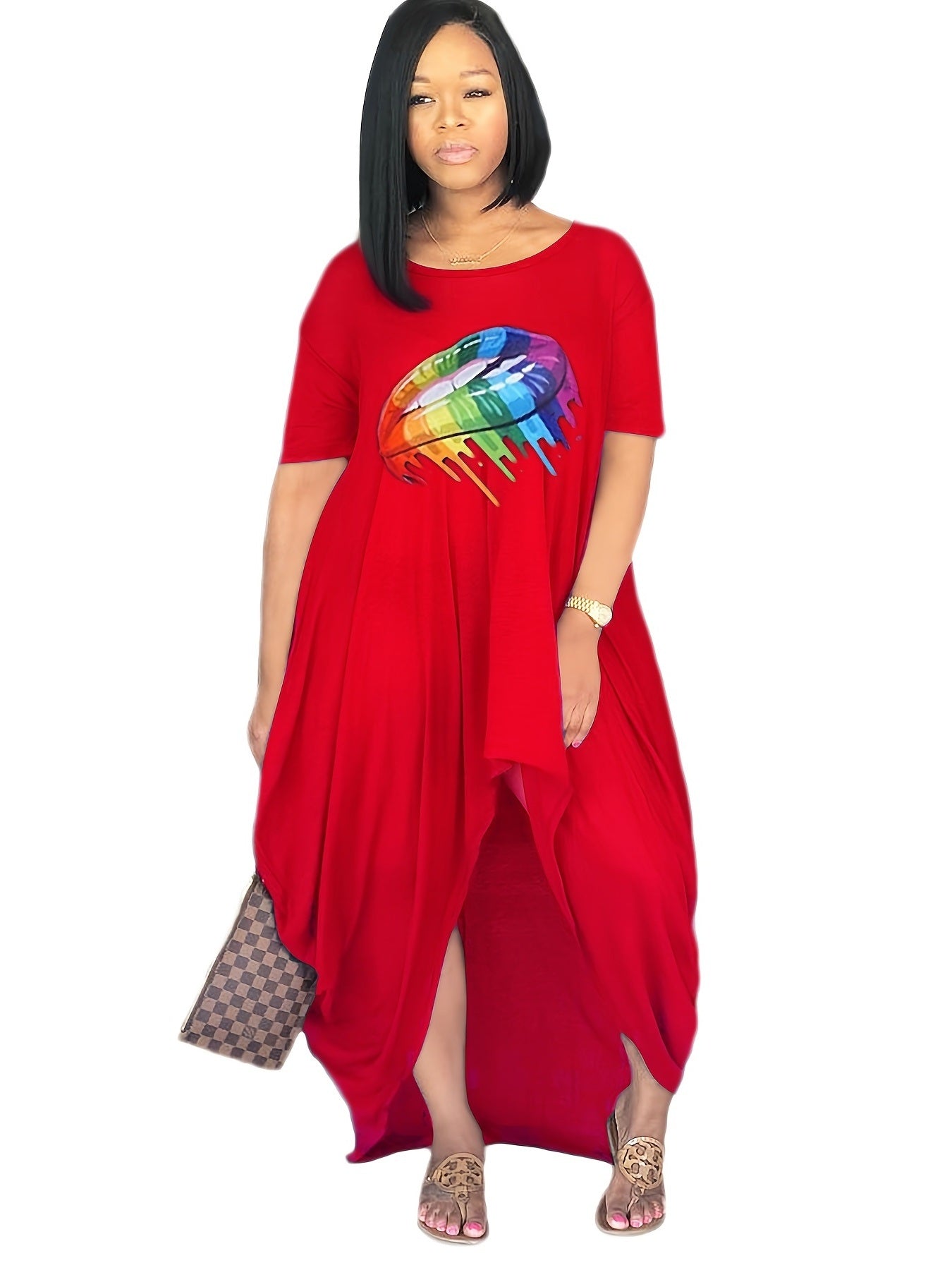 Plus Size Rainbow Color Lip Print Irregular Hem Dress; Women's Plus Casual Short Sleeve Dress