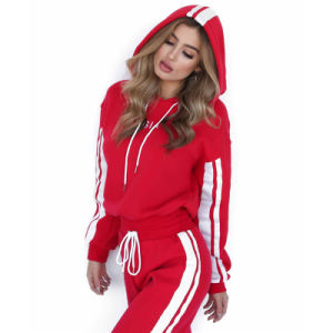 2 Piece Set Women Tracksuit Sportswear Casual White Red Sweat Pants Hooded Cropped Sweatshirt Hoodie