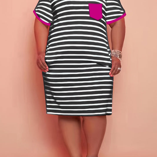 Plus Size Cotton Strip Print Short Sleeve Midi Dress With Pockets; Women's Plus Medium Stretch Dress