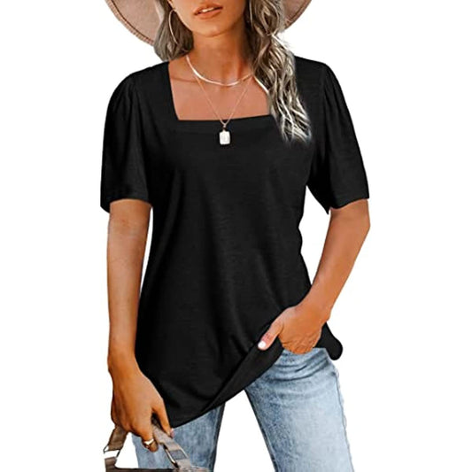 Womens Tops Casual Short Sleeve Square Neck Shirts Puff Sleeve Tshirts Loose Casual Blouse Summer Tee