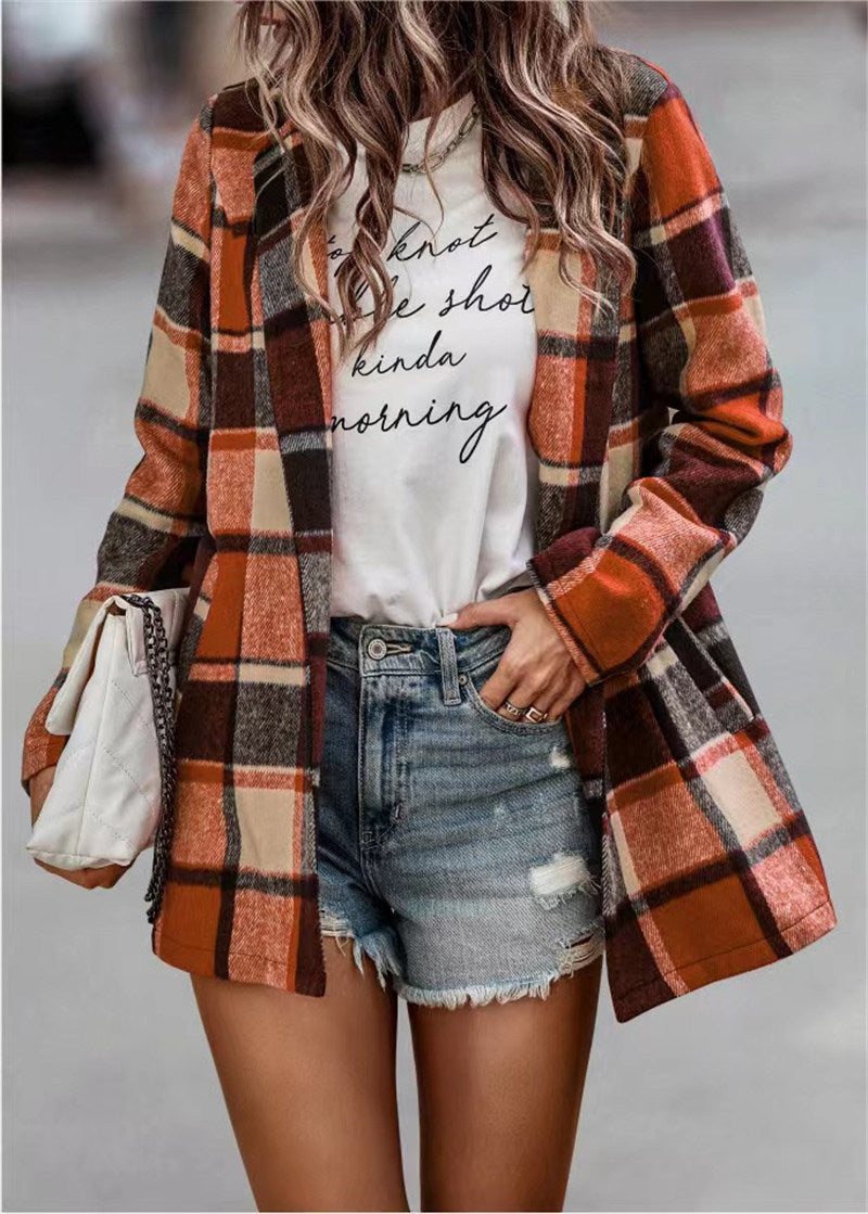 Autumn and winter 2022 women's loose check print long sleeve pocket woolen jacket cardigan top