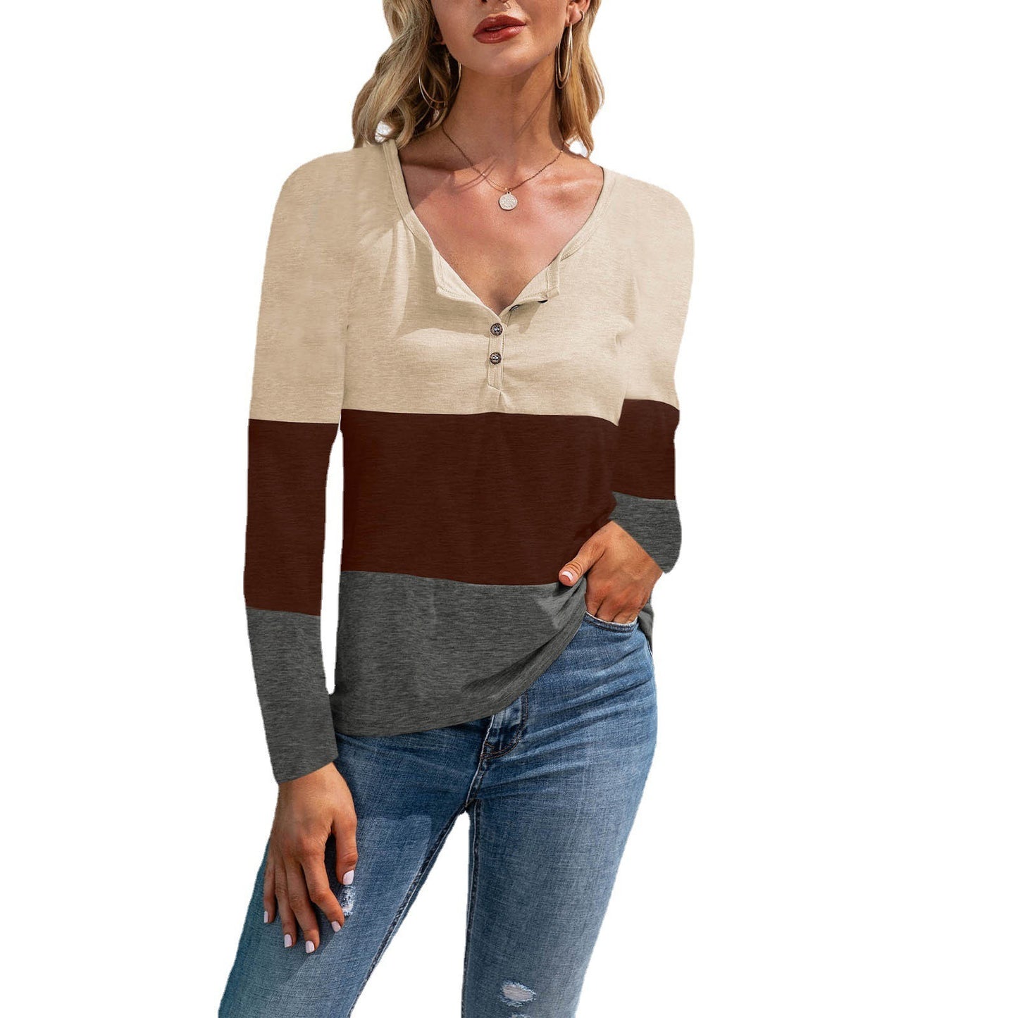 Autumn and winter new style women's hot sale V-neck long-sleeved slim stitching button T-shirt top