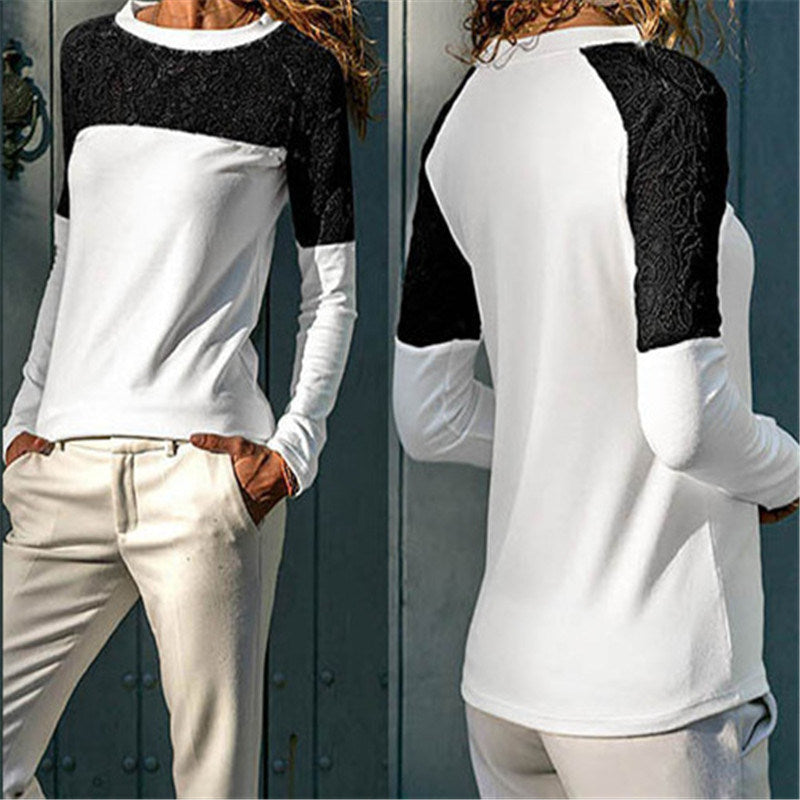 Spring and Summer New Long-sleeved Sweet Casual V-neck Openwork Lace Stitching Long-sleeved Loose Chiffon Shirt Top