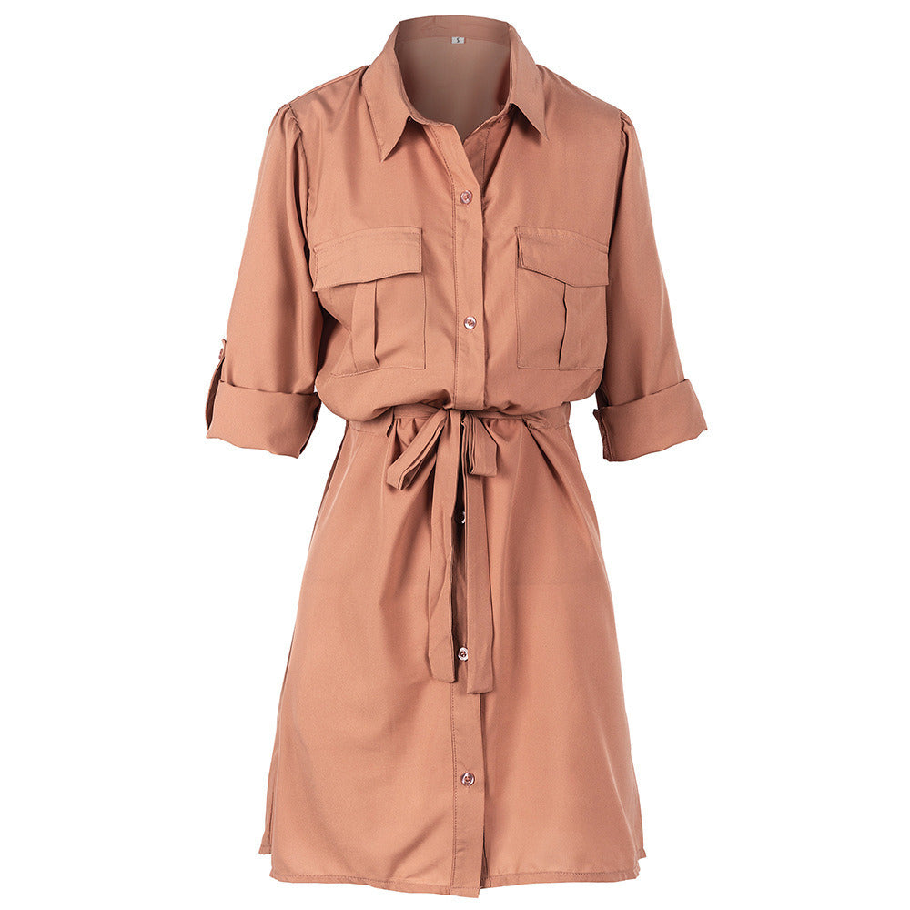 New Five-point Sleeve Shirt Dress Button Waist Bandage Shirt Dress