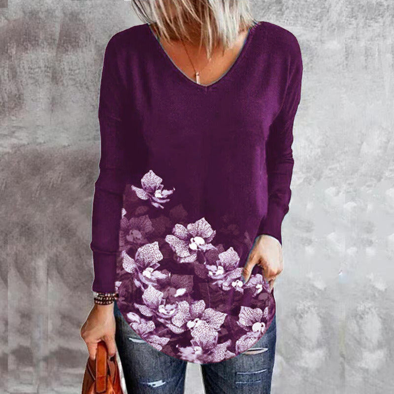 autumn and winter new women's tops flower printing loose V-neck long-sleeved t-shirt