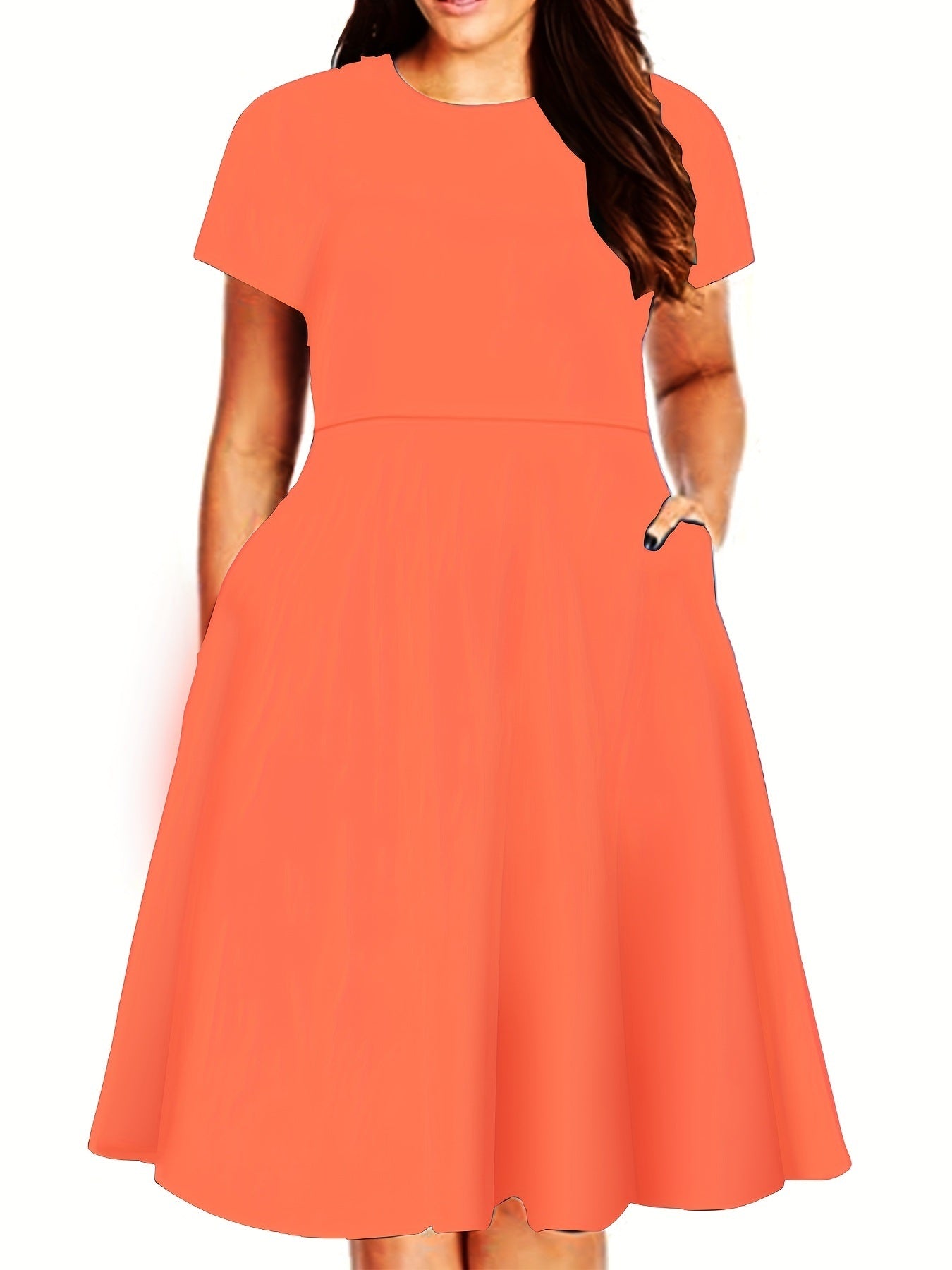 Plus Size Solid Short Sleeve Midi Dress With Pocket; Women's Plus Medium Stretch Fashion Midi Dress