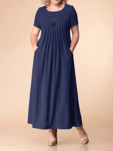 Plus Size Basic Dress; Women's Plus Plain Short Sleeve Pleated Round Neck Maxi Dress With Pockets