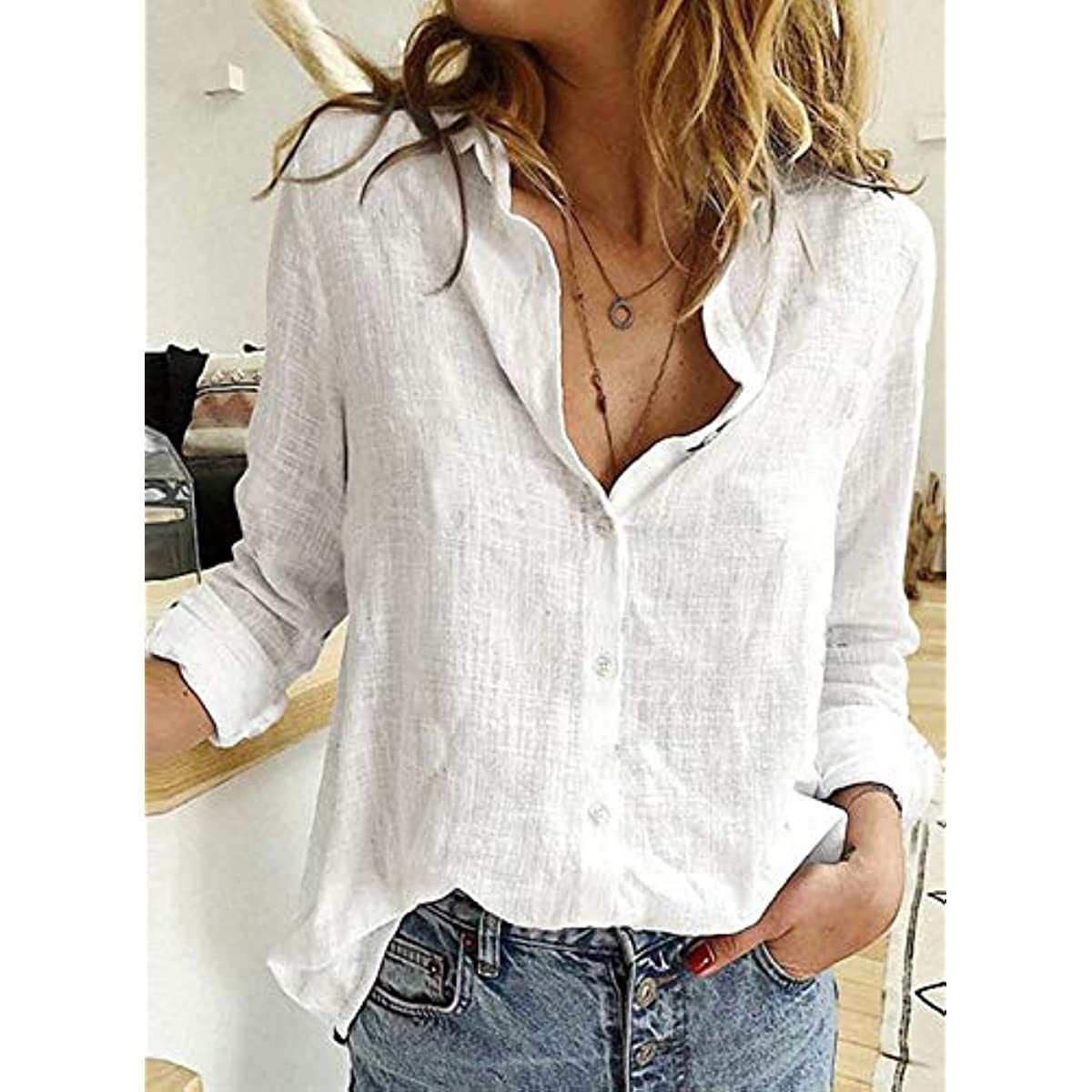 Womens V Neck Roll up Sleeve Button Down Blouses Tops