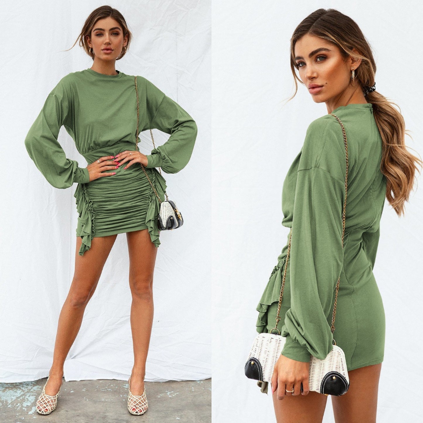 Spring and Summer New Women's Round Neck Long Sleeve Pleated Irregular Dress