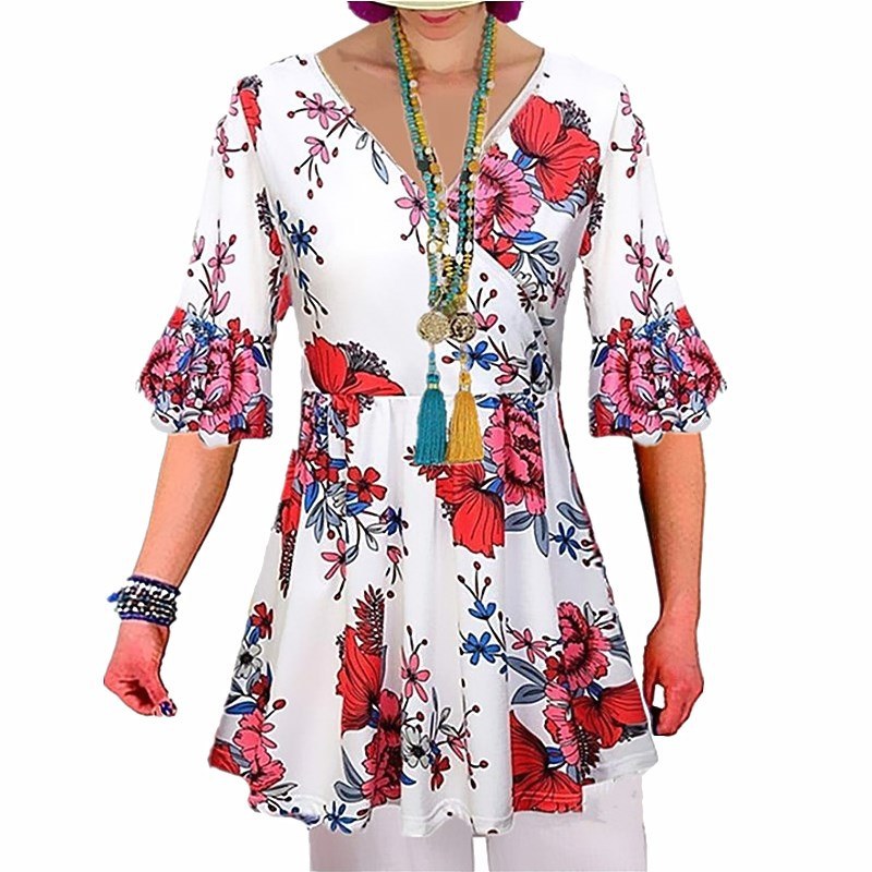 summer fashion women's print sleeves loose sexy V-neck large size shirt