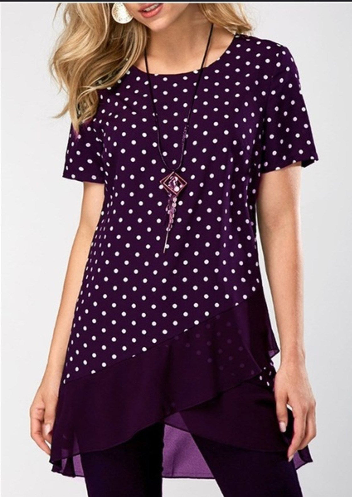 spring and summer new women's round neck polka dot mesh stitching short-sleeved T-shirt