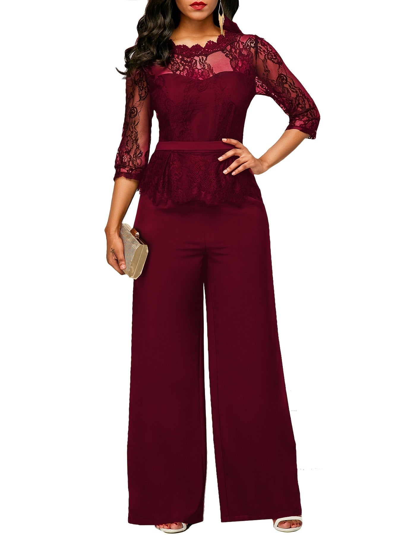 Lace Stitching Jumpsuit; Elegant Half Sleeve Wide Leg Jumpsuit