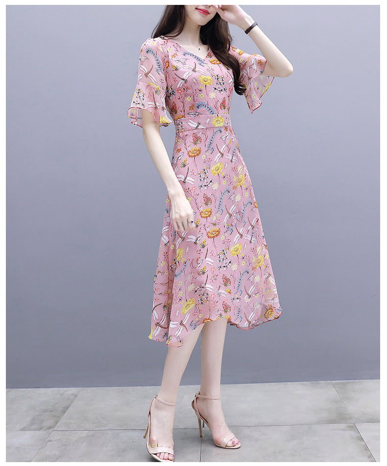 summer new women's floral dress waist slimming V-neck ruffled mid-length dress