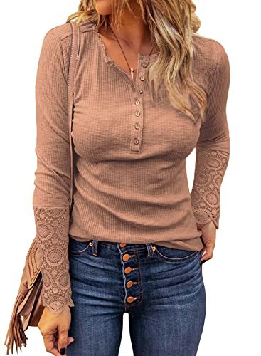 Womens Ribbed Knit Henley Long Sleeves Tunic Lace Tops V Neck Button Shirts Casual Slim Fit Blouses