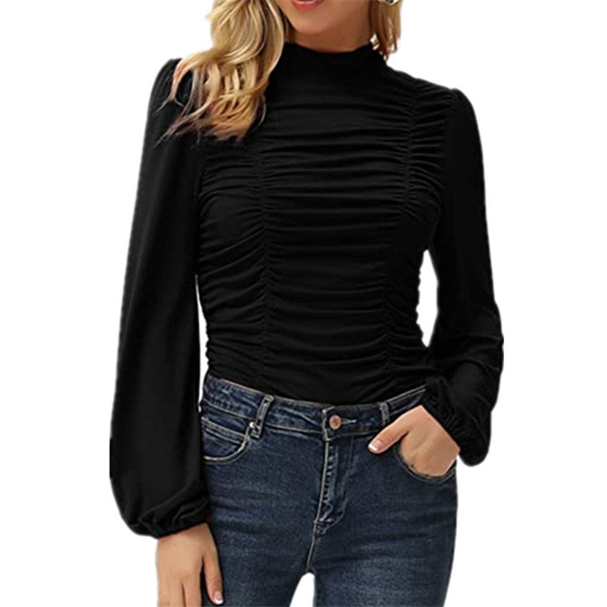 Autumn and Winter Women's New Solid Color Long Lantern Sleeves High Collar Pleated Slim T-shirt