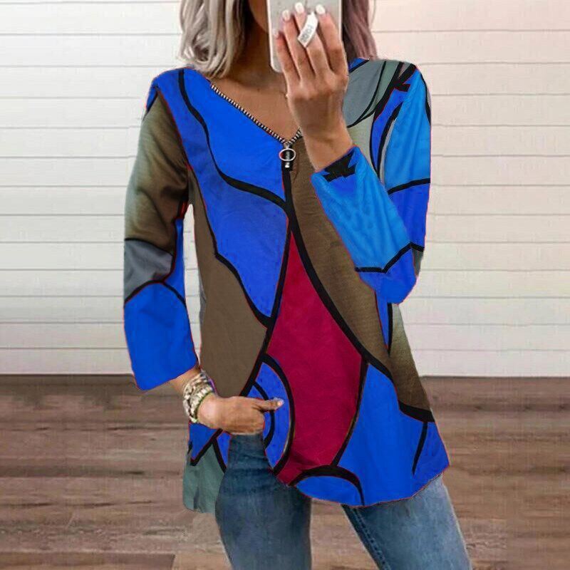 Autumn Fashion Women's Tops Color Block V-neck Zipper Casual 7-point Sleeve Top