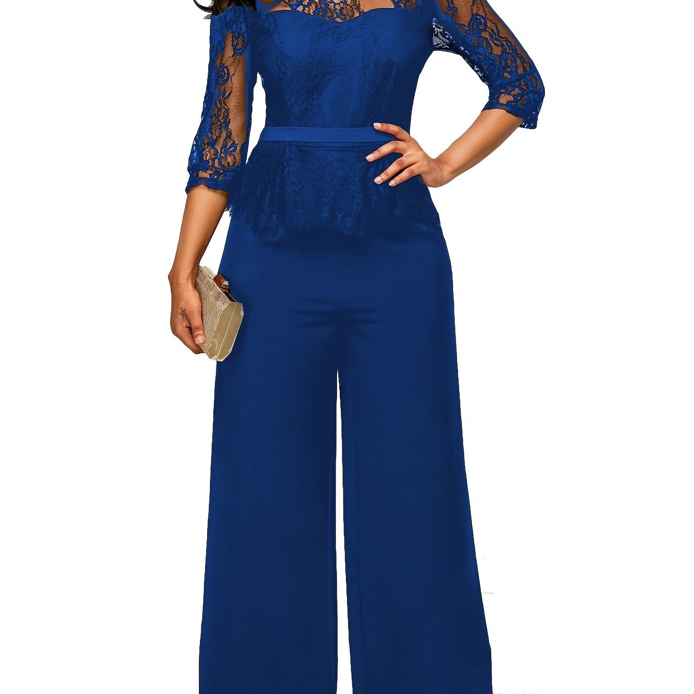 Lace Stitching Jumpsuit; Elegant Half Sleeve Wide Leg Jumpsuit