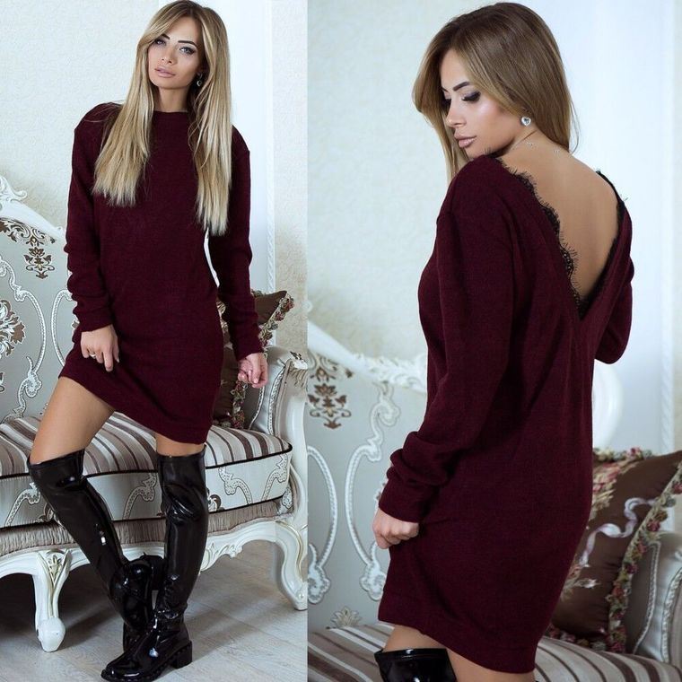 Women's Fashion Backless Lace Dress Long Sleeve Lace Knitted Sweater Dress Roll Pull