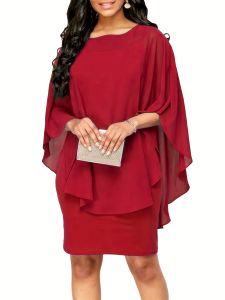 Plus Size Solid Round Neck 3/4 Sleeve Cape Midi Dress; Women's Plus Elegant Slight Stretch Cape Midi Dress