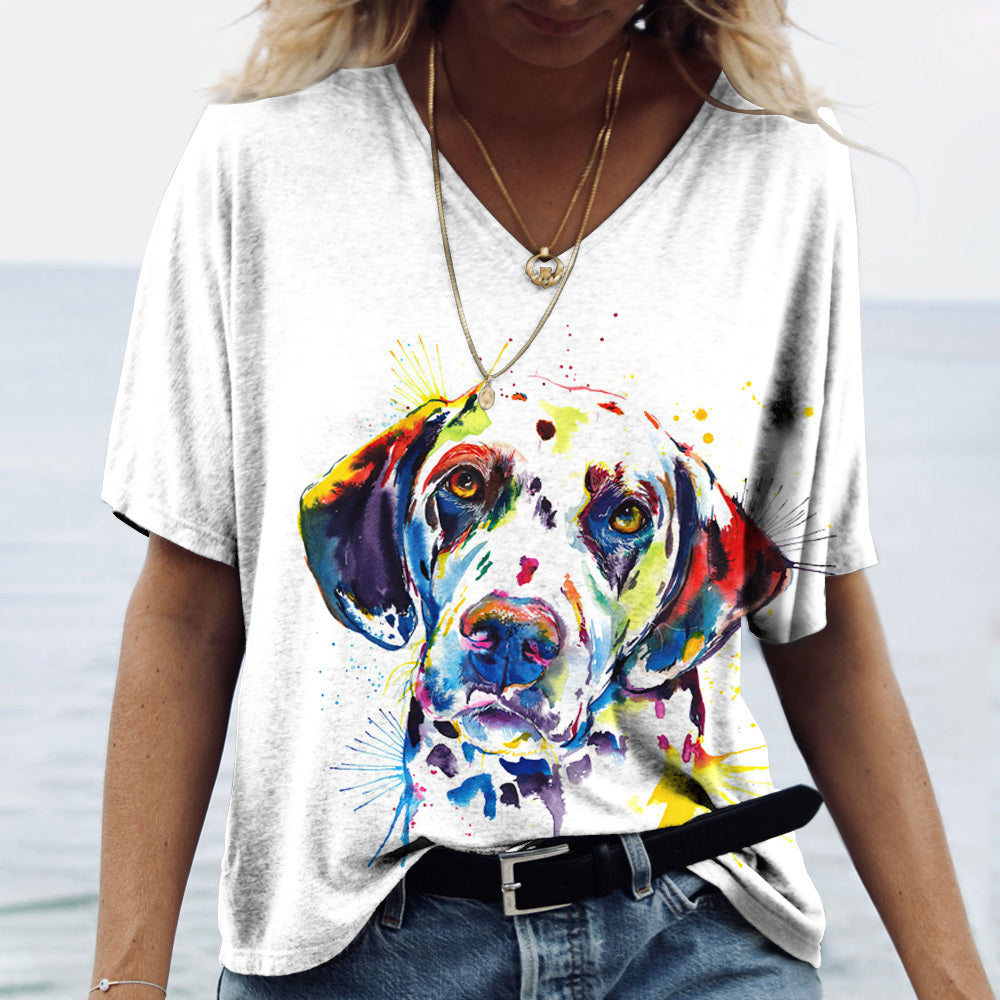 Women's V-neck Top Short Sleeve T-shirts Summer New 3D Cute Dog Print Casual Lovely Harajuku Versatile