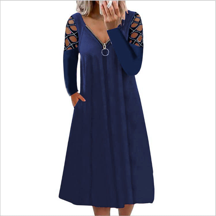 2021 Autumn and Winter New Women's V-neck Solid Color Hollow Long-sleeved Hot Diamond Casual Dress