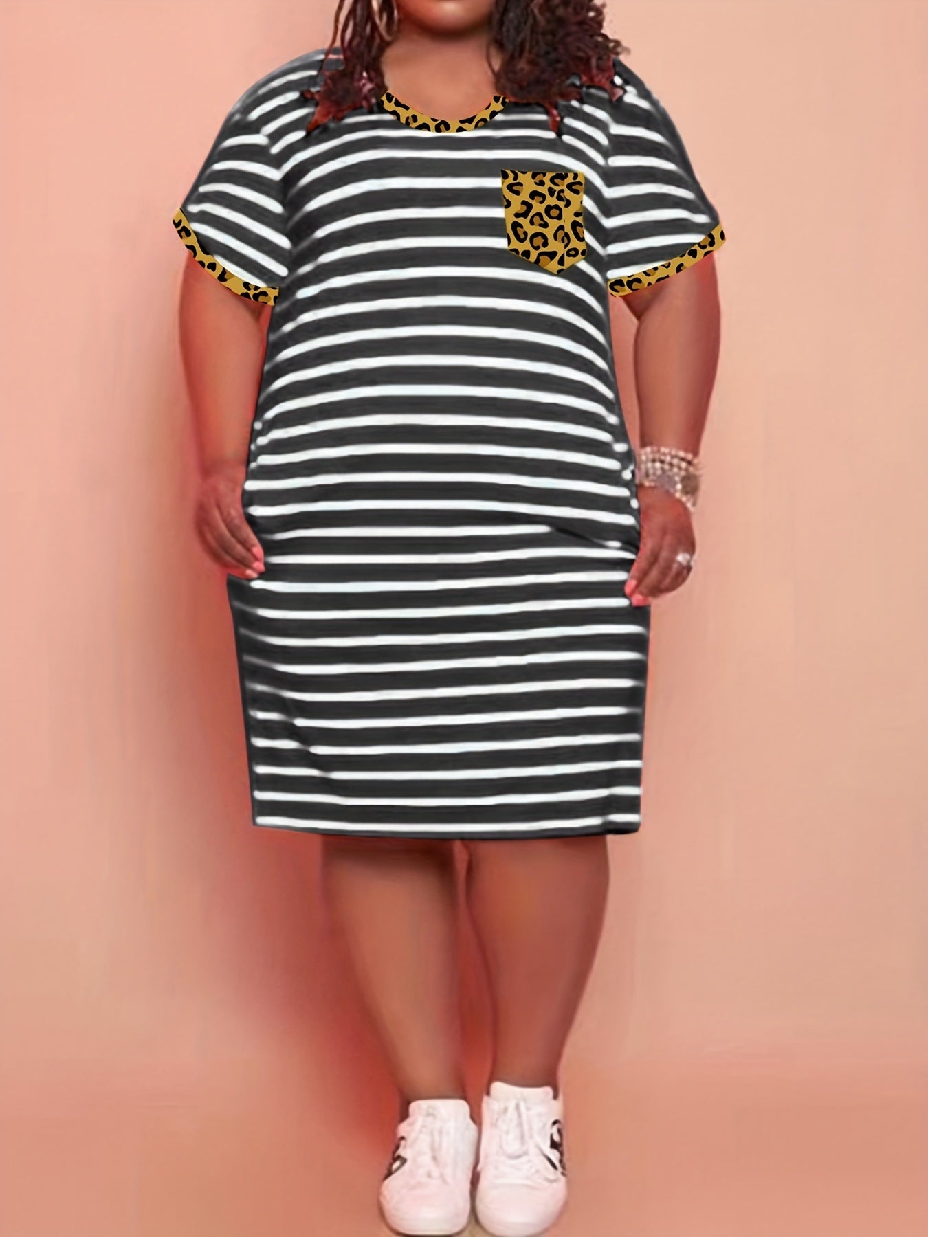 Plus Size Cotton Strip Print Short Sleeve Midi Dress With Pockets; Women's Plus Medium Stretch Dress