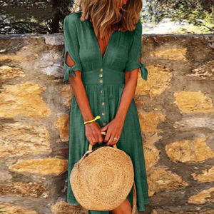 Deep V-Neck Summer Dress Woman Short Sleeve Solid Lace Up Button Tunic Long Dresses For Women 2021 Loose Casual Plus Size 5XL