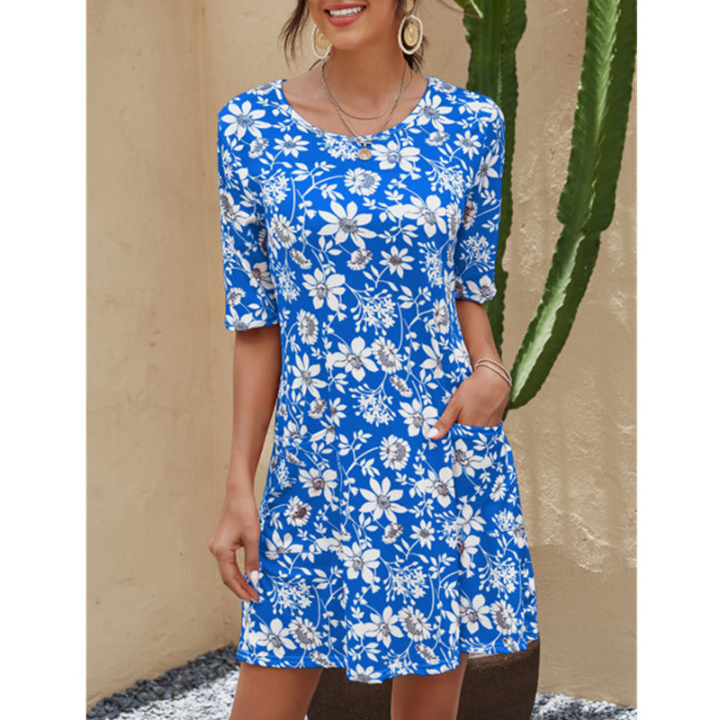 Summer New Women's Round Neck Printed Large Size Short Sleeve Dress