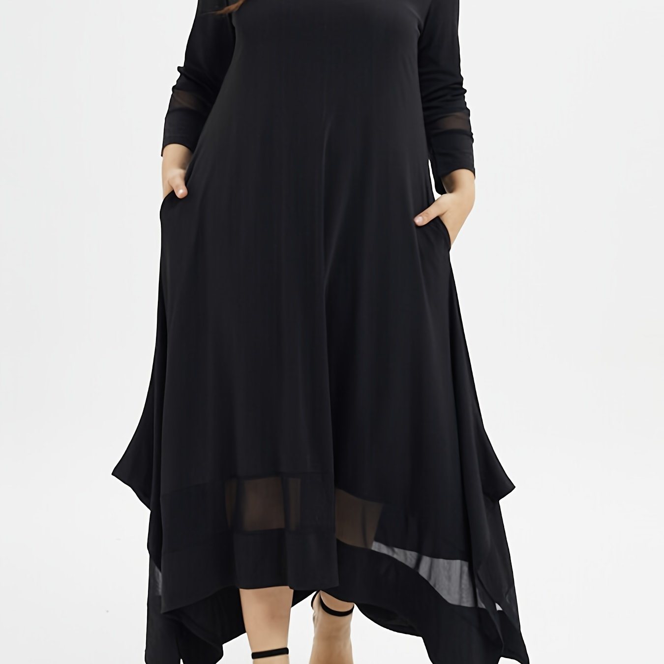 Plus Size Contrast Mesh Round Neck Long Sleeve Loose Fit Maxi Dress; Women's Plus Slight Stretch Elegant Long Dress