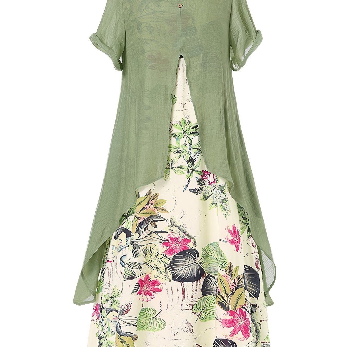 Plus Size Floral Print Short Sleeve Short Sleeve Layered Maxi Dress; Women's Plus Round Neck Casual Long Dress