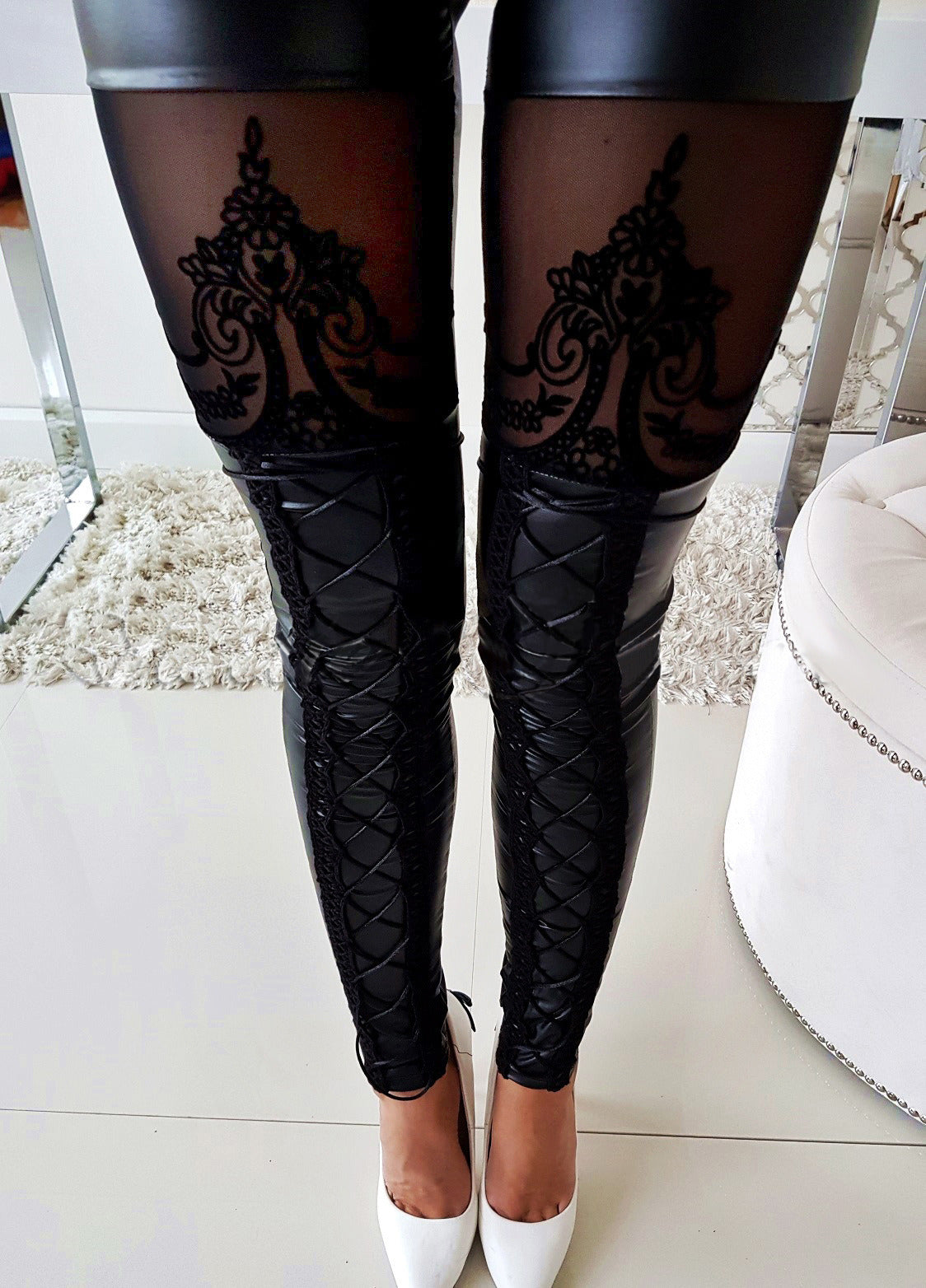 European and American Hot Explosions Casual Pants Sexy Slim Straps Featuring Lace Casual Leather Pants