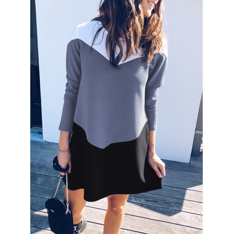 Women Autumn Loose Mini Dress Sexy Shirt Dress Casual Long Sleeve Sweater Dress Ladies Fashion Tops Splice Color Dresses Roll Pull