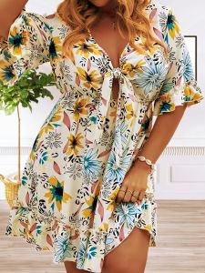 Plus Size Sexy Dress; Women's Plus Floral Print Lettuce Trim Bow Knot Front Half Sleeve Dress