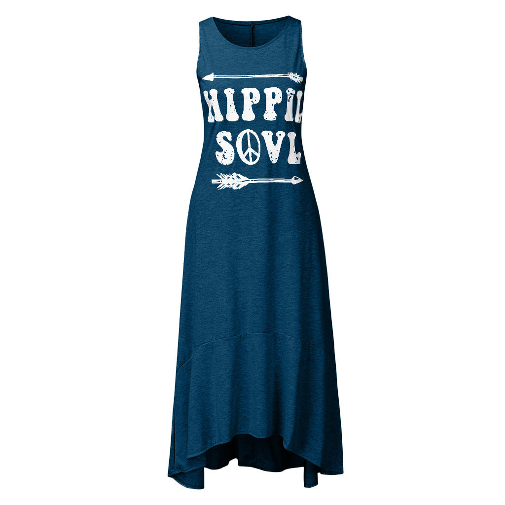 Summer new women's simple letter printing casual long round neck sleeveless vest dress