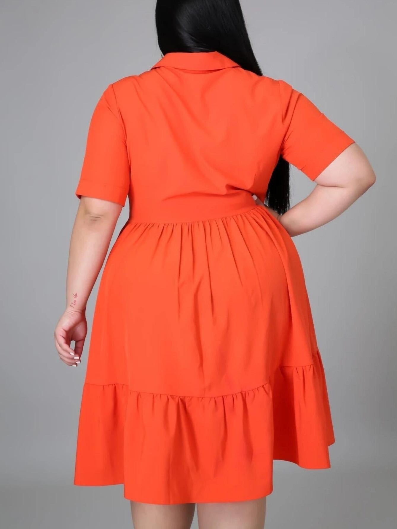 Plus Solid Color Casual Knee Length Ruffle Dress; Elegant Turn Down Collar Spring Fall Dress