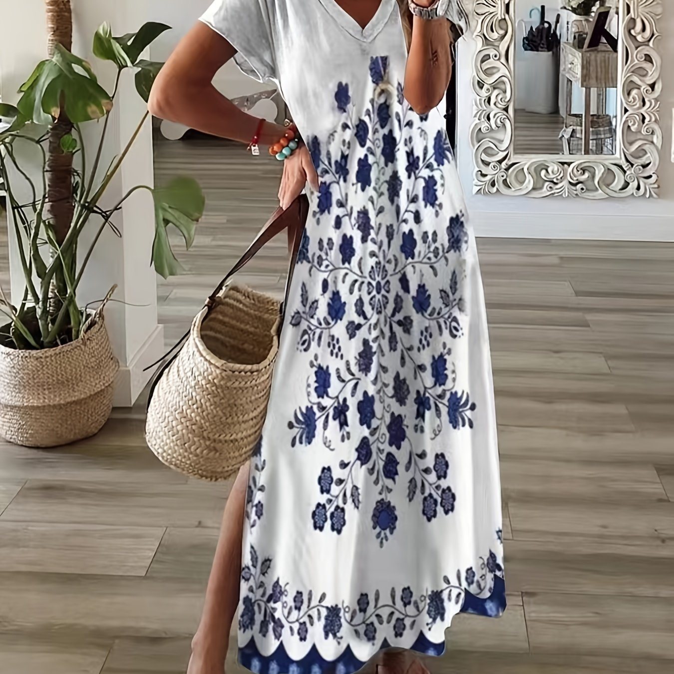 Plus Size Elegant Dress; Women's Plus Floral Print V Neck Short Sleeve Boho Maxi Dress