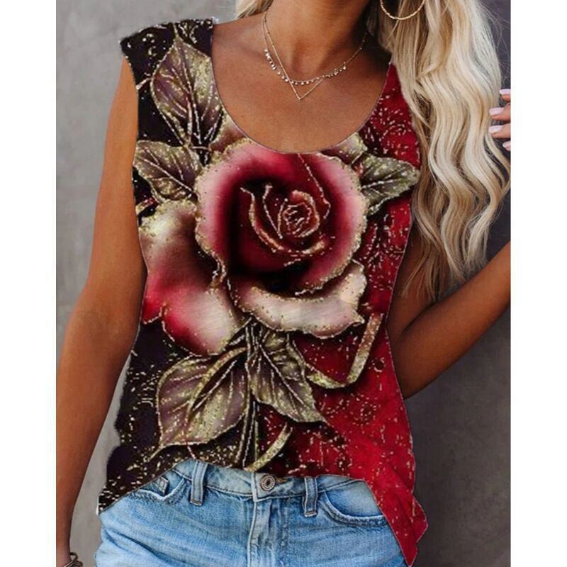 Women's Rose Flower Printed Women's Loose Vest Sleeveless Top