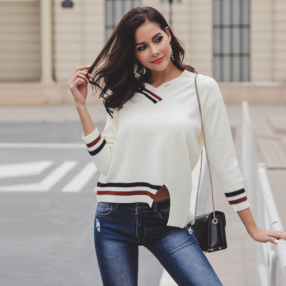 autumn and winter new fashion women's V-neck irregular slit color contrast stripes lazy wind sweater