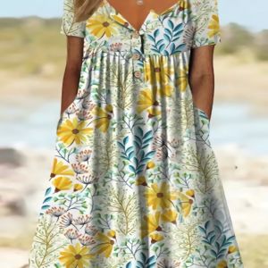 Plus Size Elegant Dress; Women's Plus Floral Print Short Sleeve Button Up Notched Neck Dress With Pockets