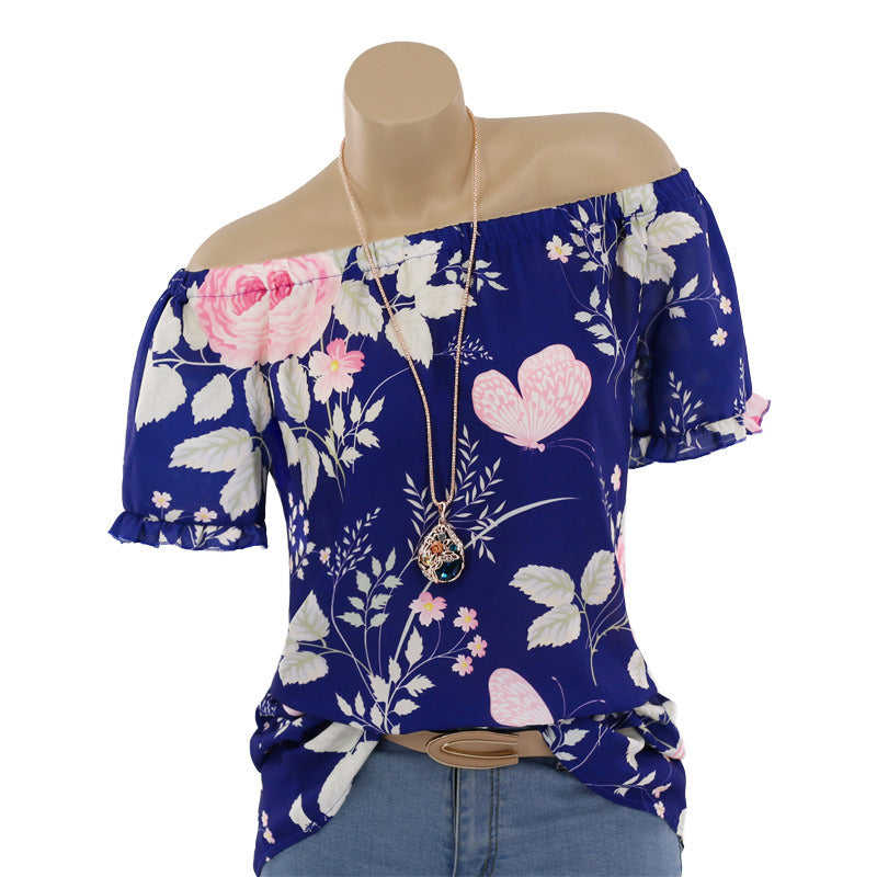 spring and summer new women's one-shoulder printed short-sleeved shirt