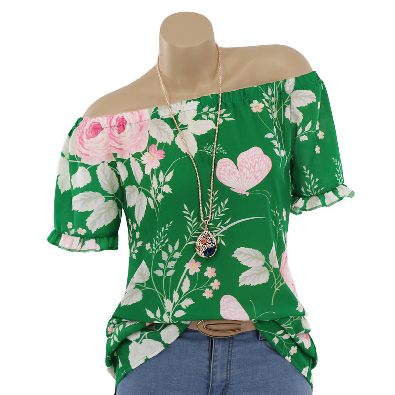 spring and summer new women's one-shoulder printed short-sleeved shirt