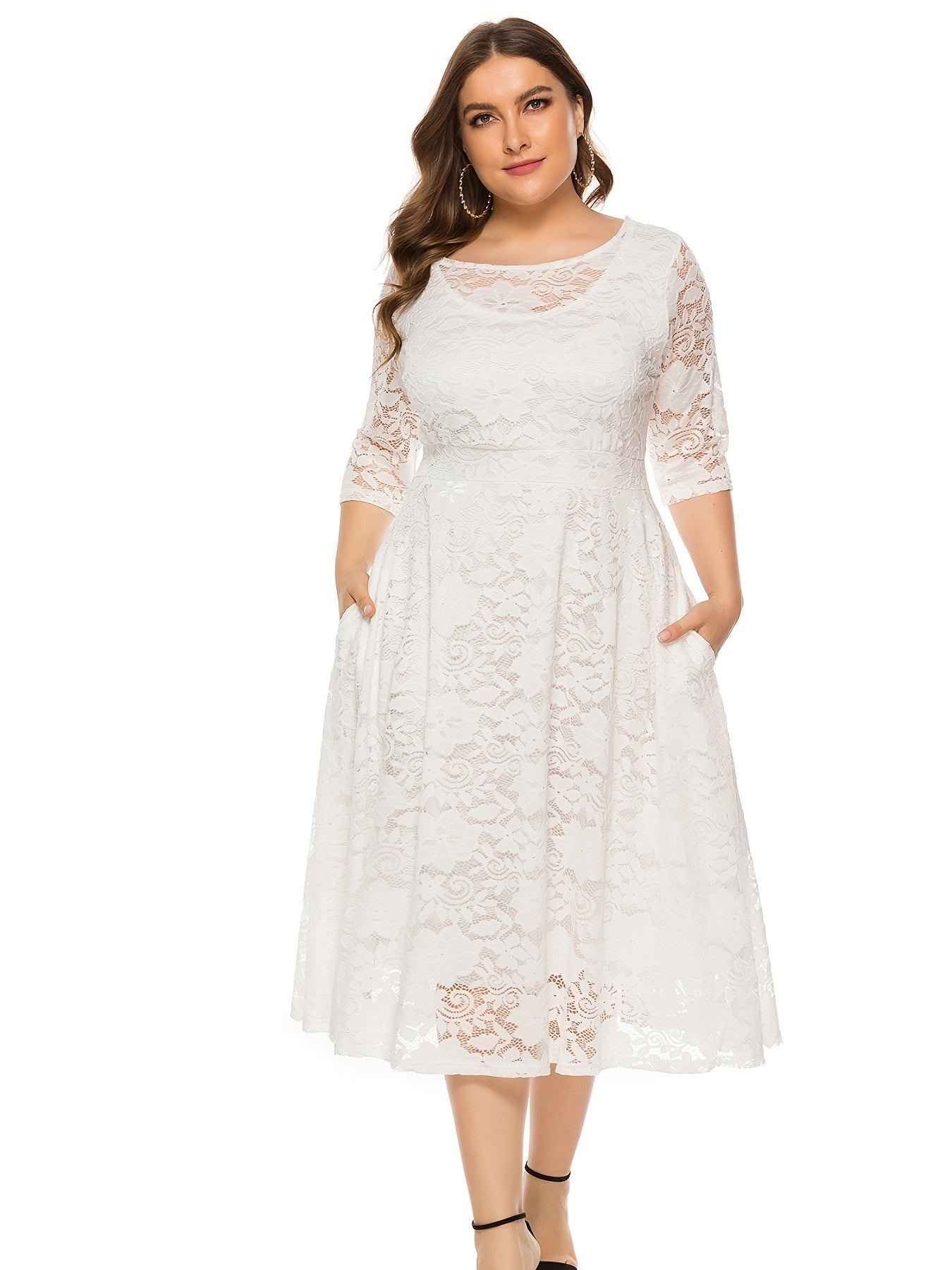 Plus Size Contrast Lace Half Sleeve Semi Sheer Midi Prom Dress; Women's Plus Elegant Party Dress For Wedding