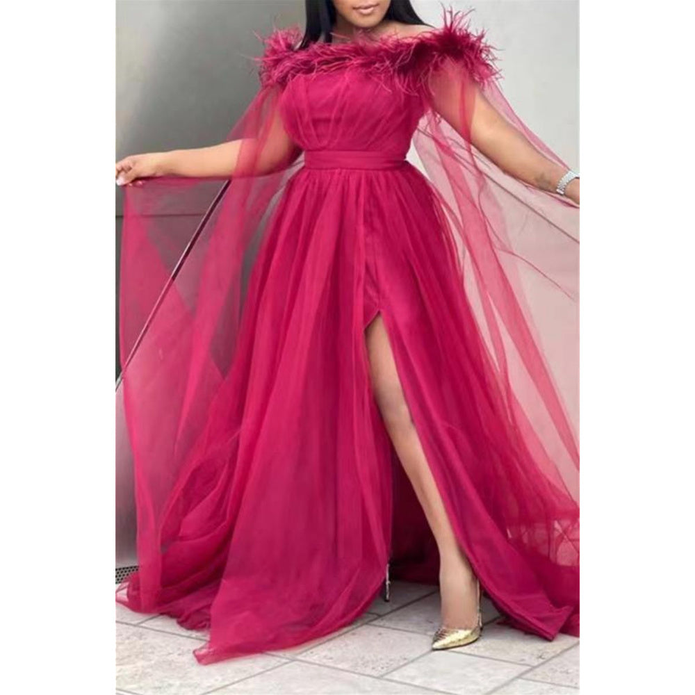 Spring Summer Plus Size Slit Evening Dress Women Loose Unique Feather Collar Tulle Sleeves Trailing Skirt Wedding Bridesmaid Red