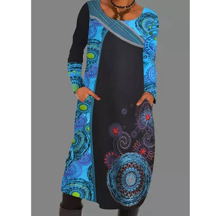 2021 Autumn Hedging Print Ethnic Dress Women New Fashion Splice O-Neck Long Sleeve Pockets Mid Dresses Female