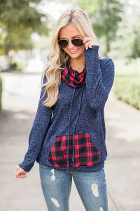 autumn and winter new European and American women's pile pile plaid stitching casual T-shirt sweater