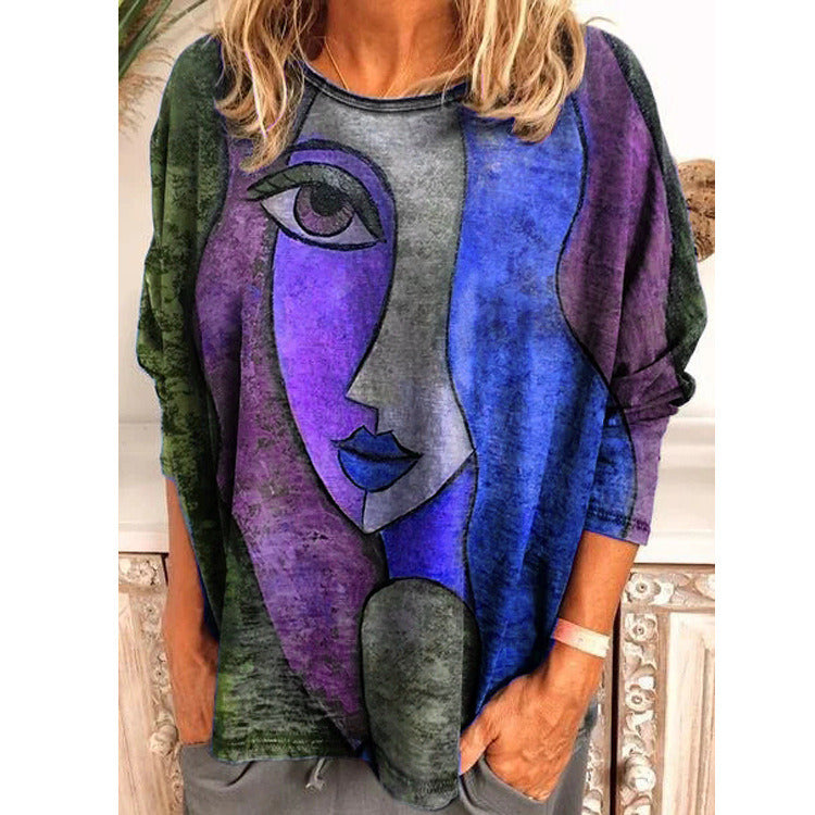 autumn and winter new plus size women's face print long-sleeved loose T-shirt tops